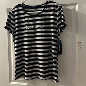 bebe Black and White Striped Short Sleeve Tee with Rhinestone Logo